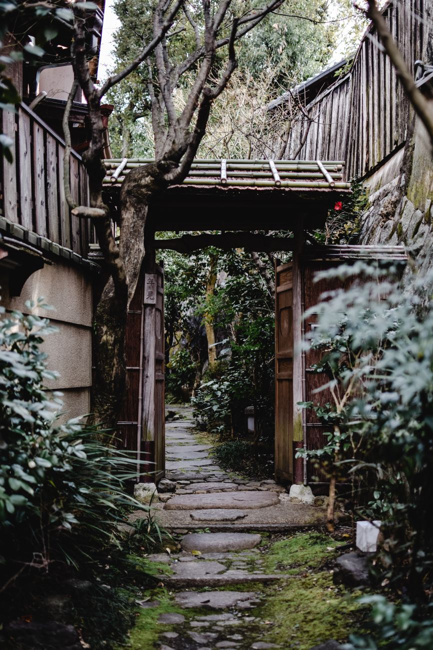 Misty Kyoto pathway with cedar wood lanterns and bamboo grove